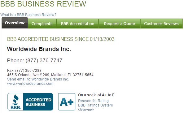 Worldwide Brands has been a BBB Accredited Business since January 13, 2003 with an A+ rating